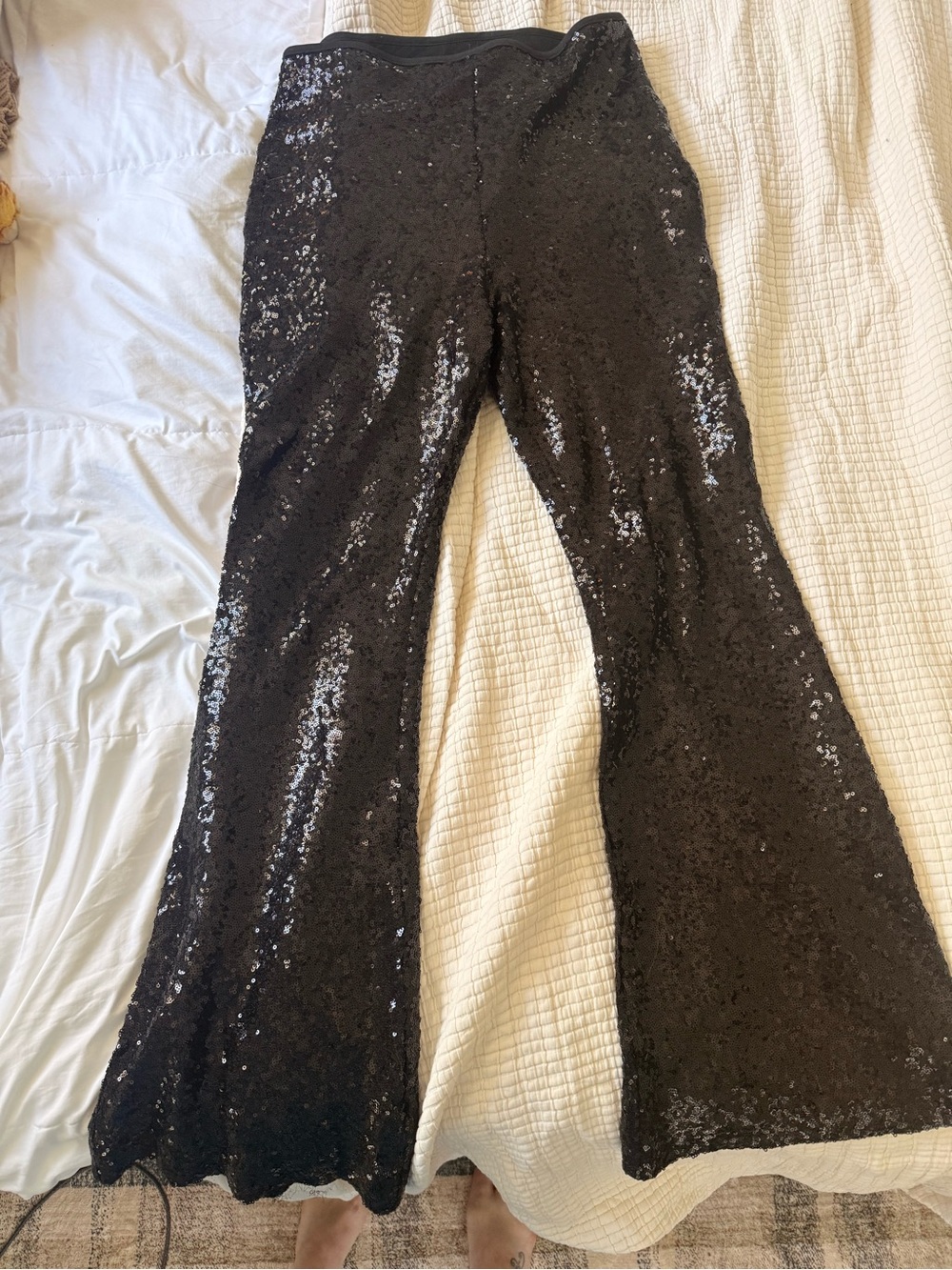 Anthropologie Black Sequin Flare Pants